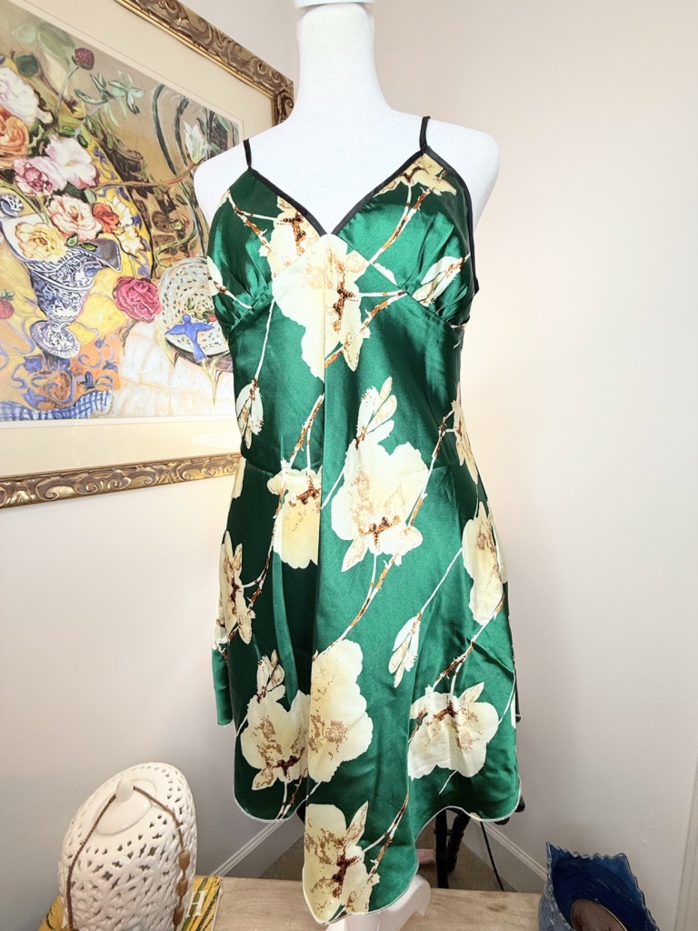 Green Satin Floral Slip Dress Adjustable Straps Midi Womens 19” Bust